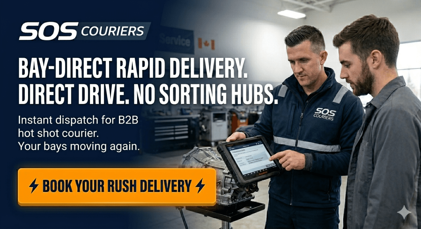 Mechanics verifying a rush B2B hot shot courier delivery on a diagnostic tablet