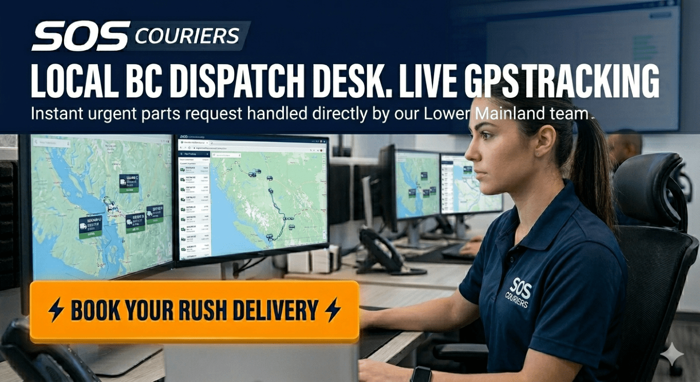 Local BC dispatch desk actively tracking SOS Couriers delivery routes via GPS