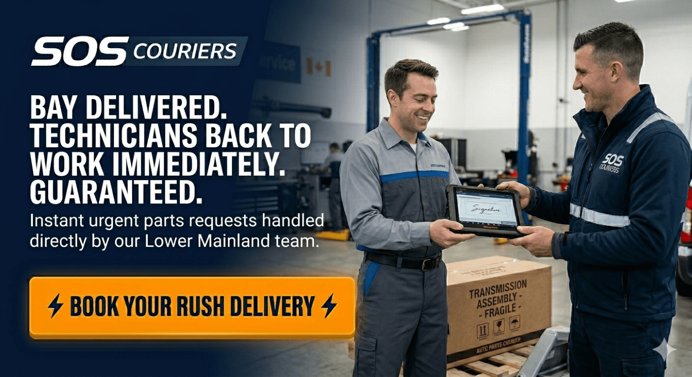 Auto mechanic digitally signing for a successfully delivered rush auto part from an SOS Courier