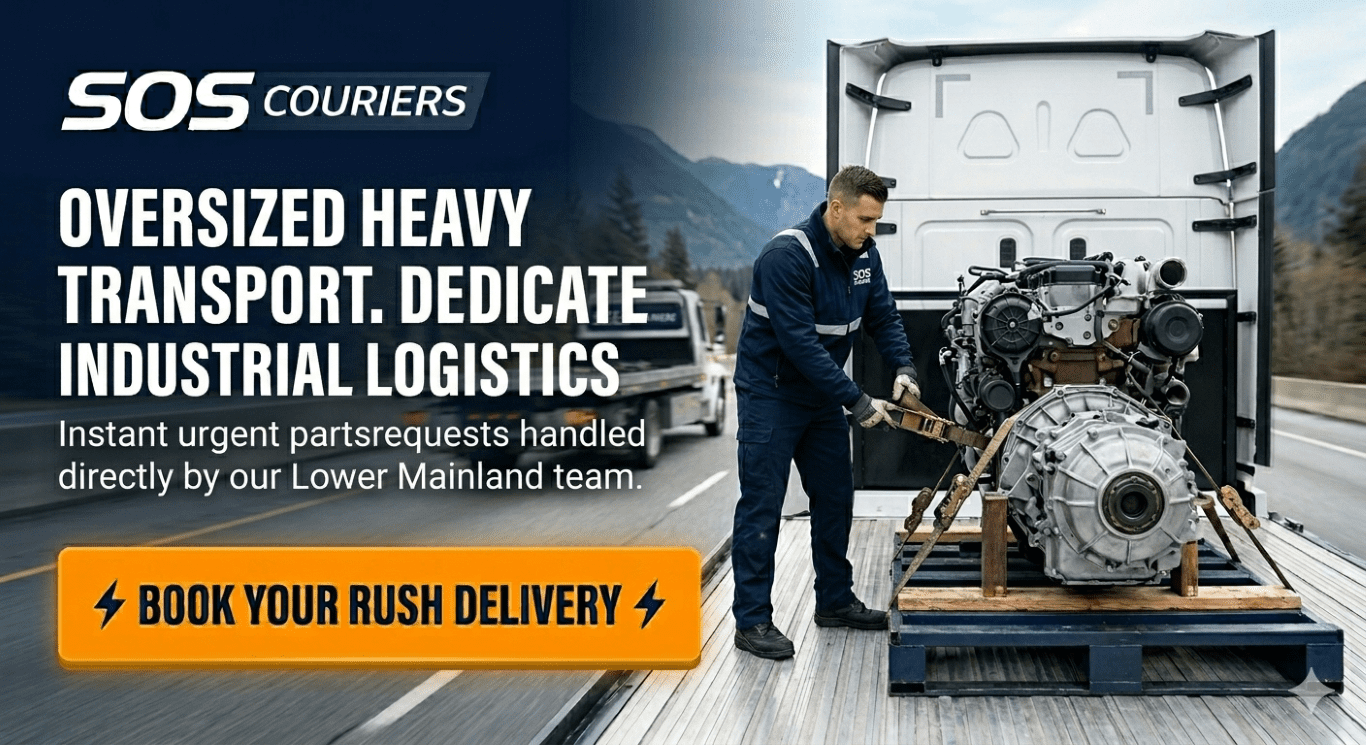 SOS Couriers dedicated industrial logistics truck securing oversized heavy transport in BC