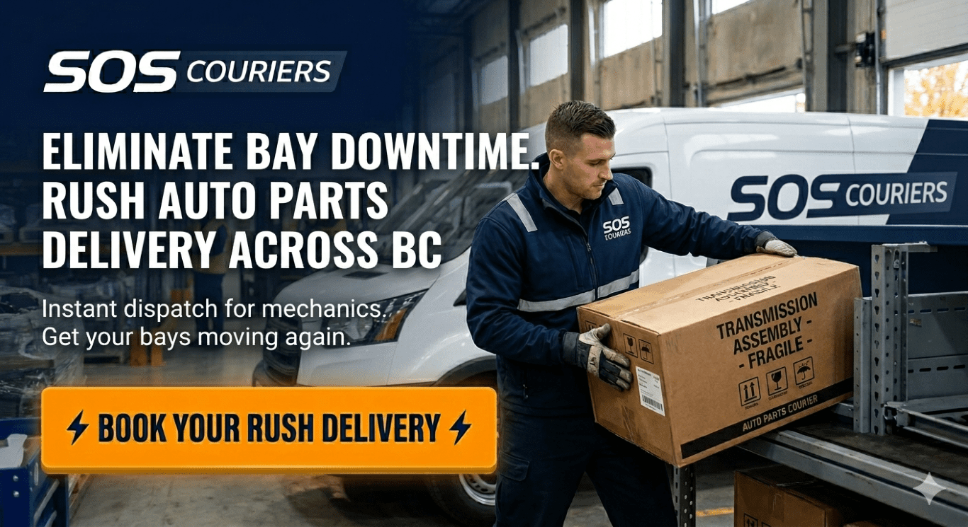 SOS Couriers warehouse driver loading rush auto parts for delivery in BC